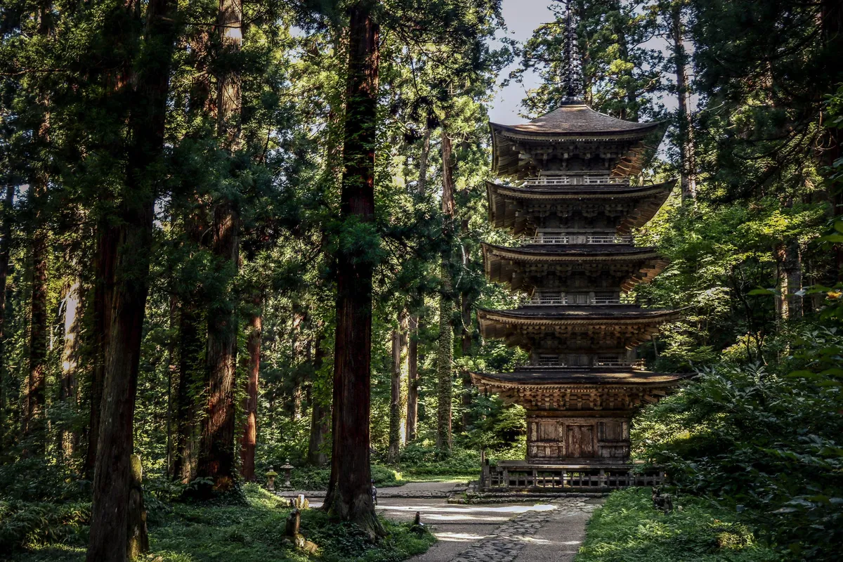 森の中に佇む五重塔